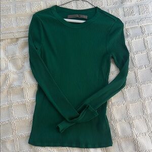 Enza Costa Fitted Green Ribbed Long Sleeve Tee